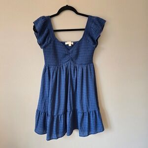Thirty/Thirty LA Blue Smocked Tiered Mini Dress Flutter Sleeve Grid Print